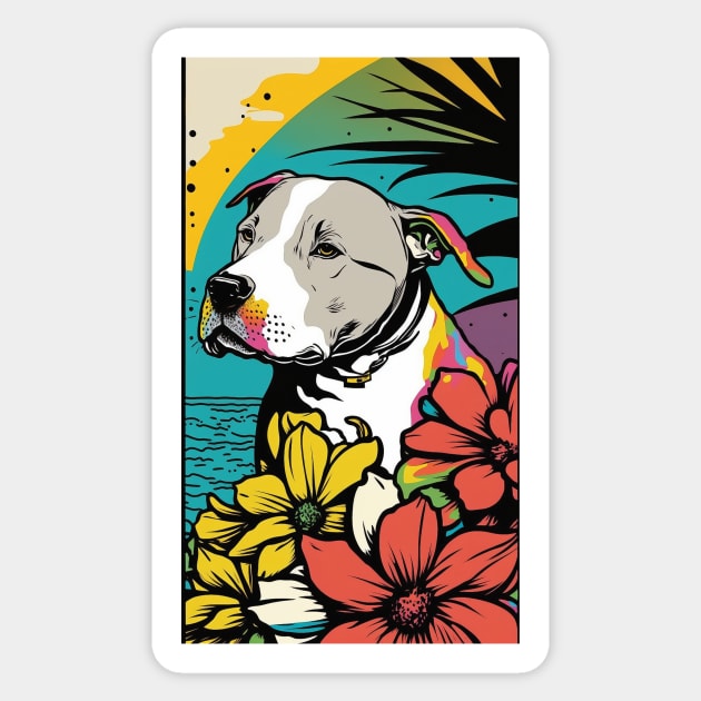 American Staffordshire Terrier PitBull Dog Vibrant Tropical Flower Tall Retro Vintage Digital Pop Art Portrait 6 Sticker by ArtHouseFlunky